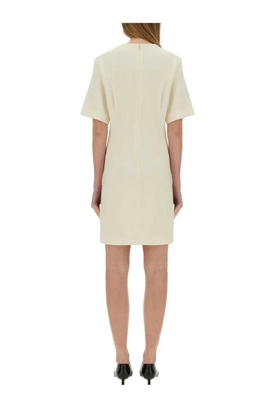 Theory women’s boxy short dress white cream-colored minimalist fabric straight cut with back zipper shown from the back