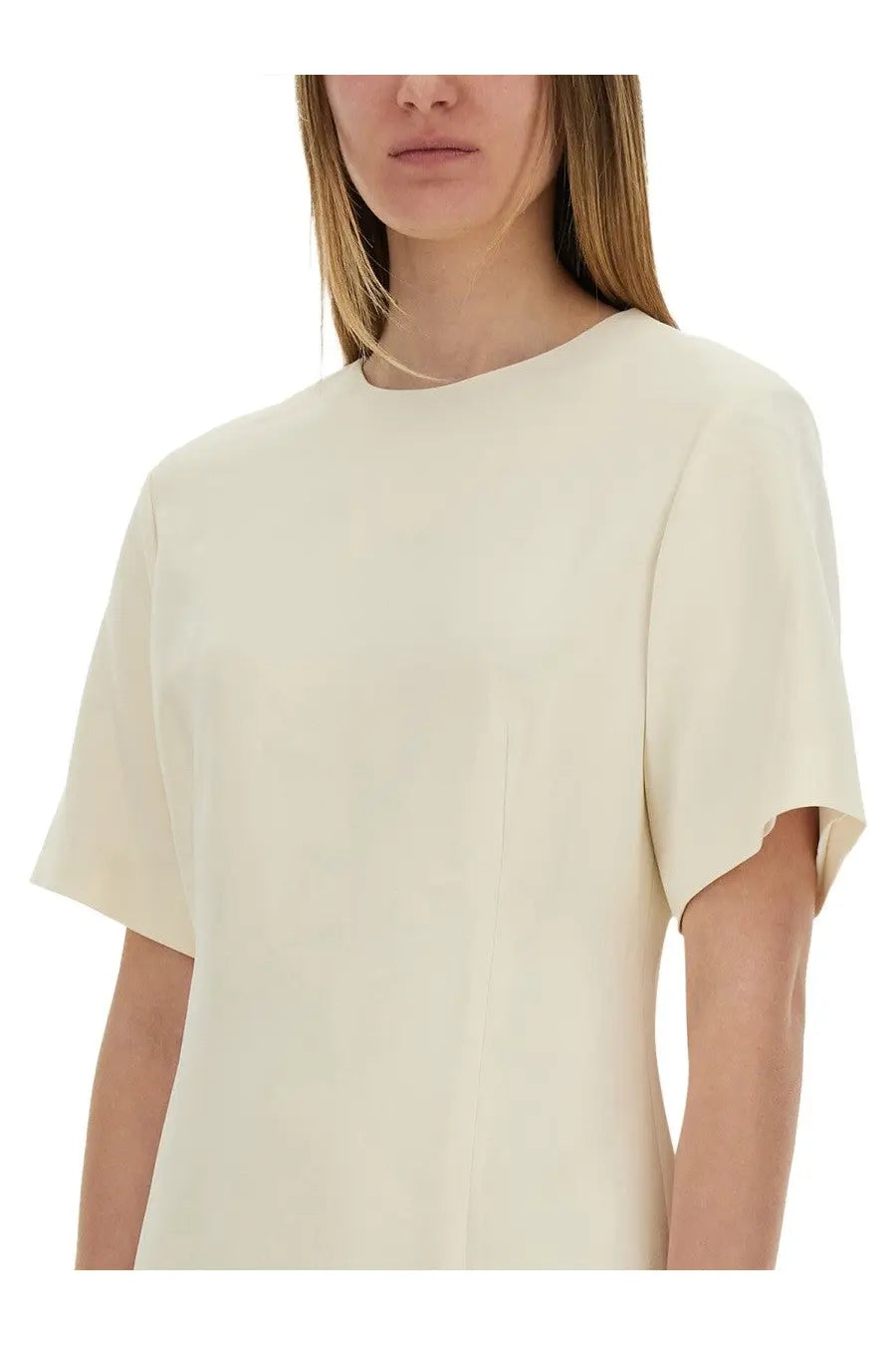 Theory women’s boxy short dress white with cream-colored soft drape and subtle seam detailing in minimalist design