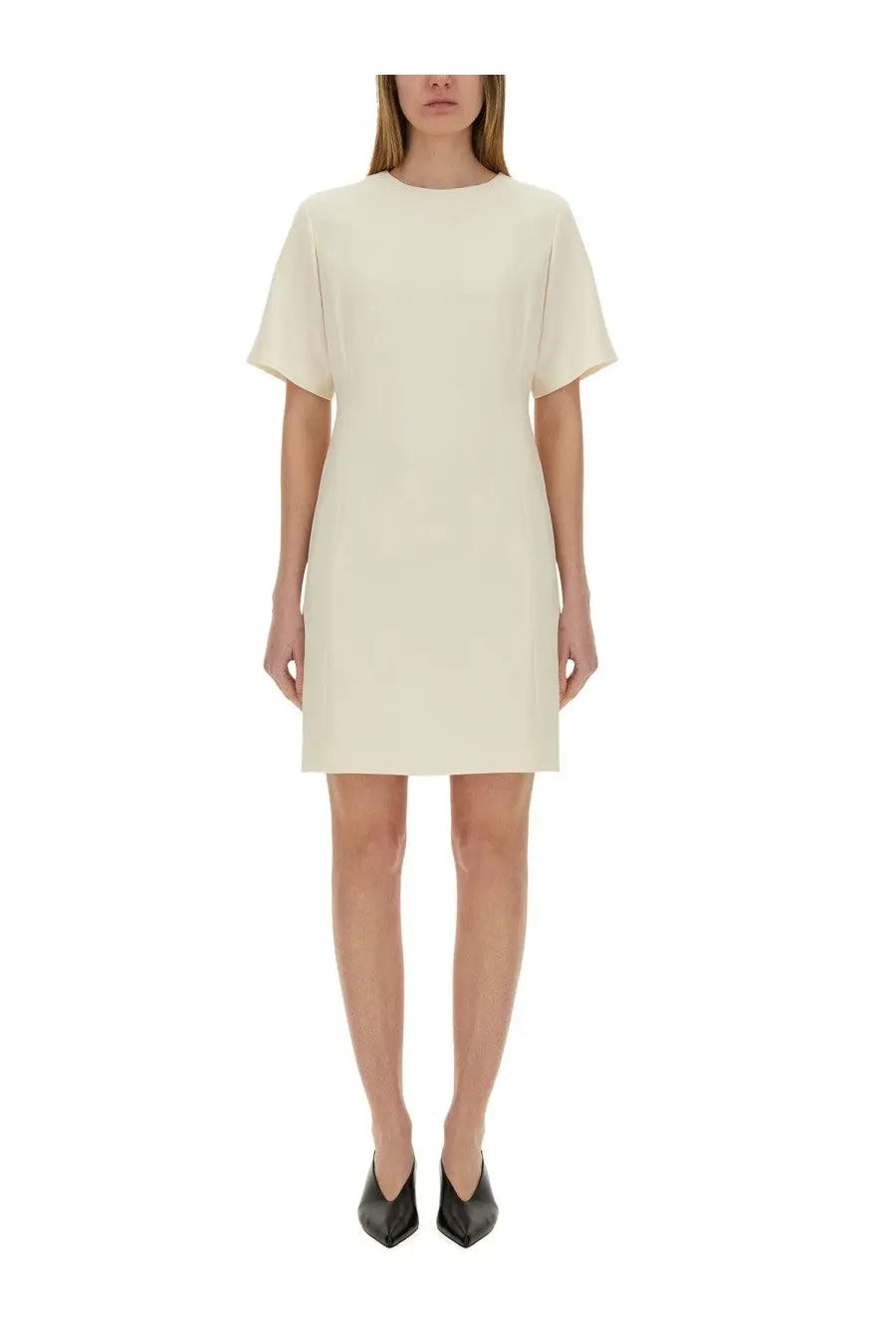 Theory women’s cream-colored minimalist a-line short dress with short sleeves and round neckline for casual wear