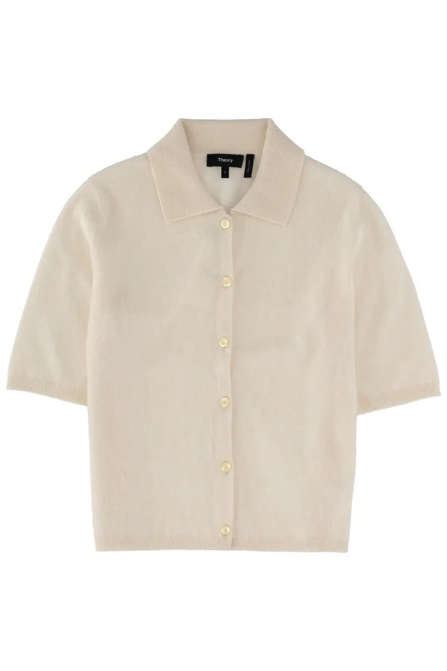 Theory women’s cashmere shirt white cream short-sleeved knit cardigan with collar and light yellow buttons