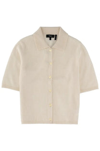 Theory women’s cashmere shirt white cream short-sleeved knit cardigan with collar and light yellow buttons