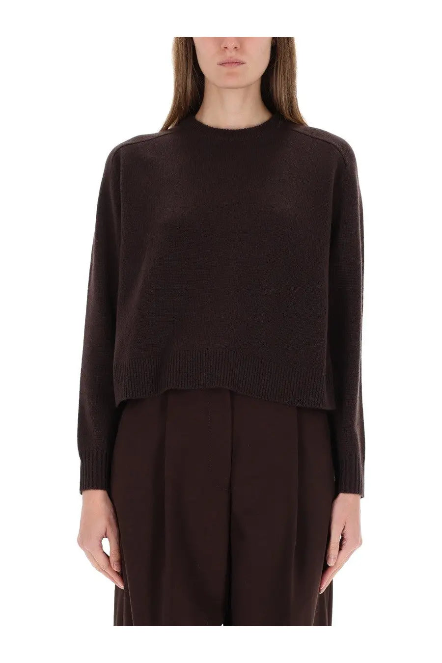 Theory women’s cashmere sweater brown dark brown long-sleeved cropped knit with ribbed hem and cuffs