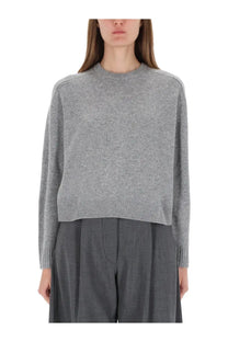 Theory women’s cashmere sweater in soft heathered gray knit with relaxed fit and ribbed cuffs