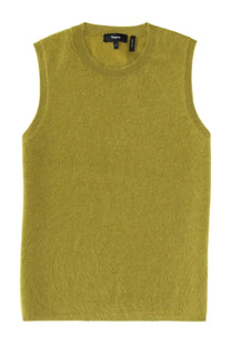 Olive green theory women’s sleeveless knit vest made of cashmere perfect for layering in cooler weather