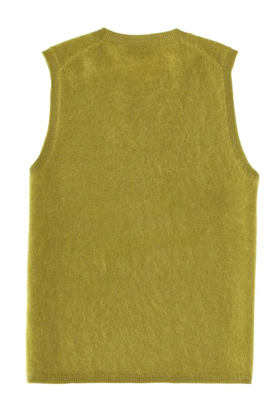 Theory women’s cashmere top green featuring a soft olive green knitted sleeveless vest with subtle textured pattern