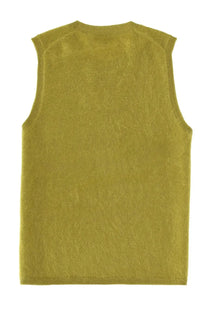 Theory women’s cashmere top green featuring a soft olive green knitted sleeveless vest with subtle textured pattern