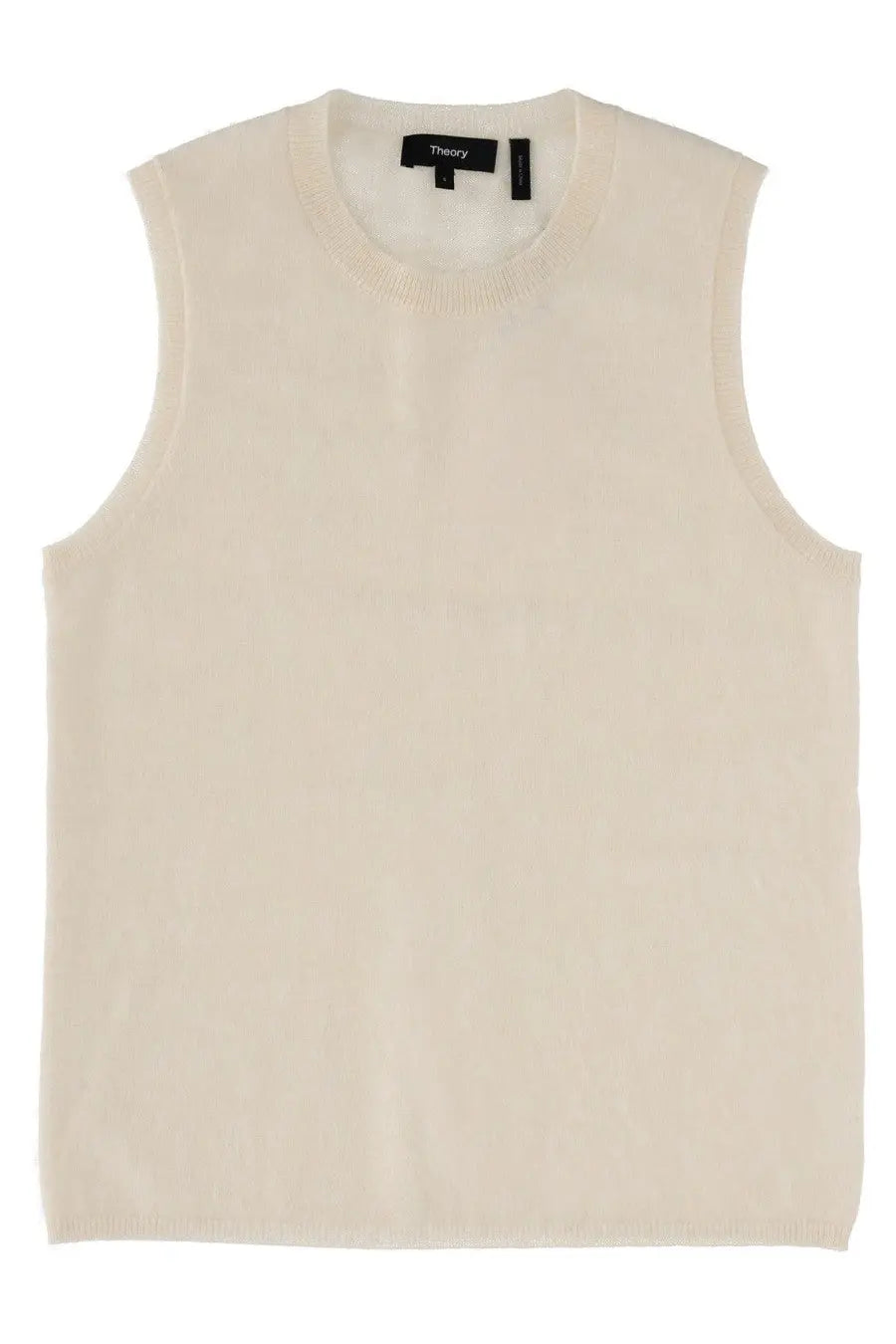 Theory women’s cashmere sleeveless knit vest in cream with ribbed crew neckline and hem perfect for layering