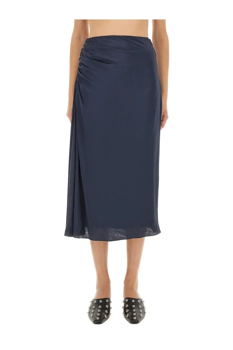 Theory women’s navy blue satin midi skirt with draped side seam and subtle pleats for elegant wear