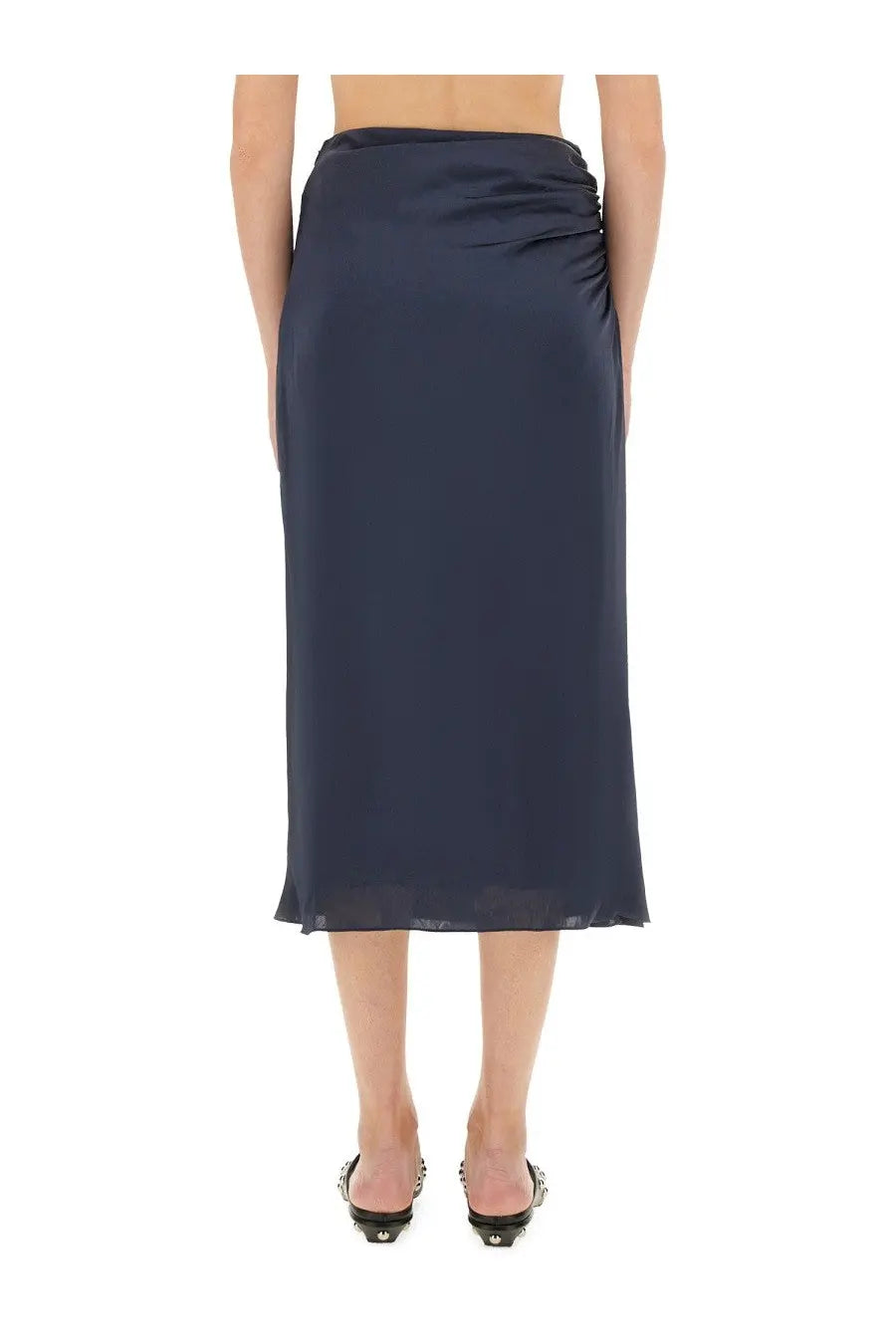 Theory womens draped midi skirt in navy blue satin with gathered waistband