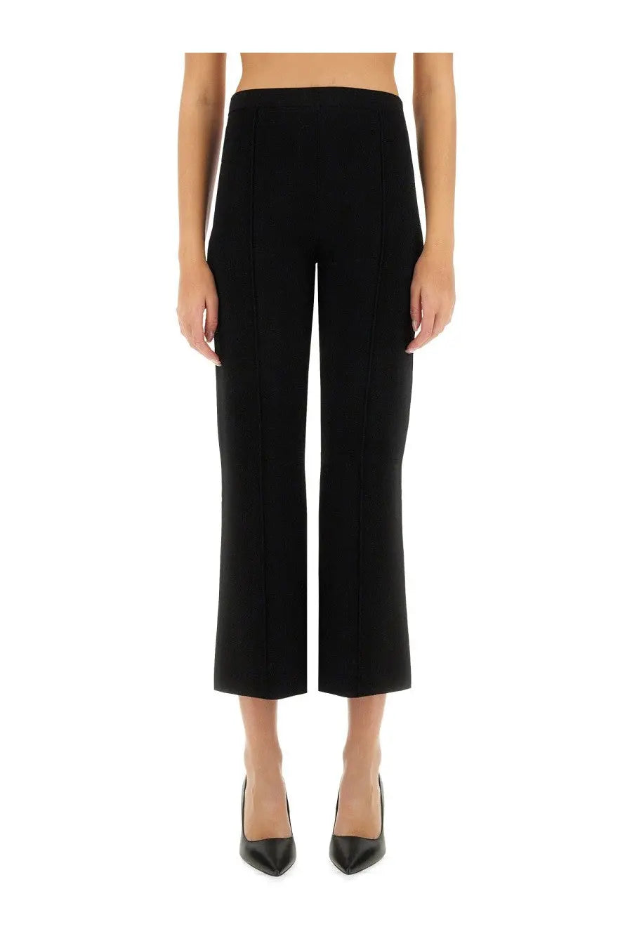 Theory women’s flare pant black in high-waisted cropped design with sleek straight-leg cut and subtle vertical pleats
