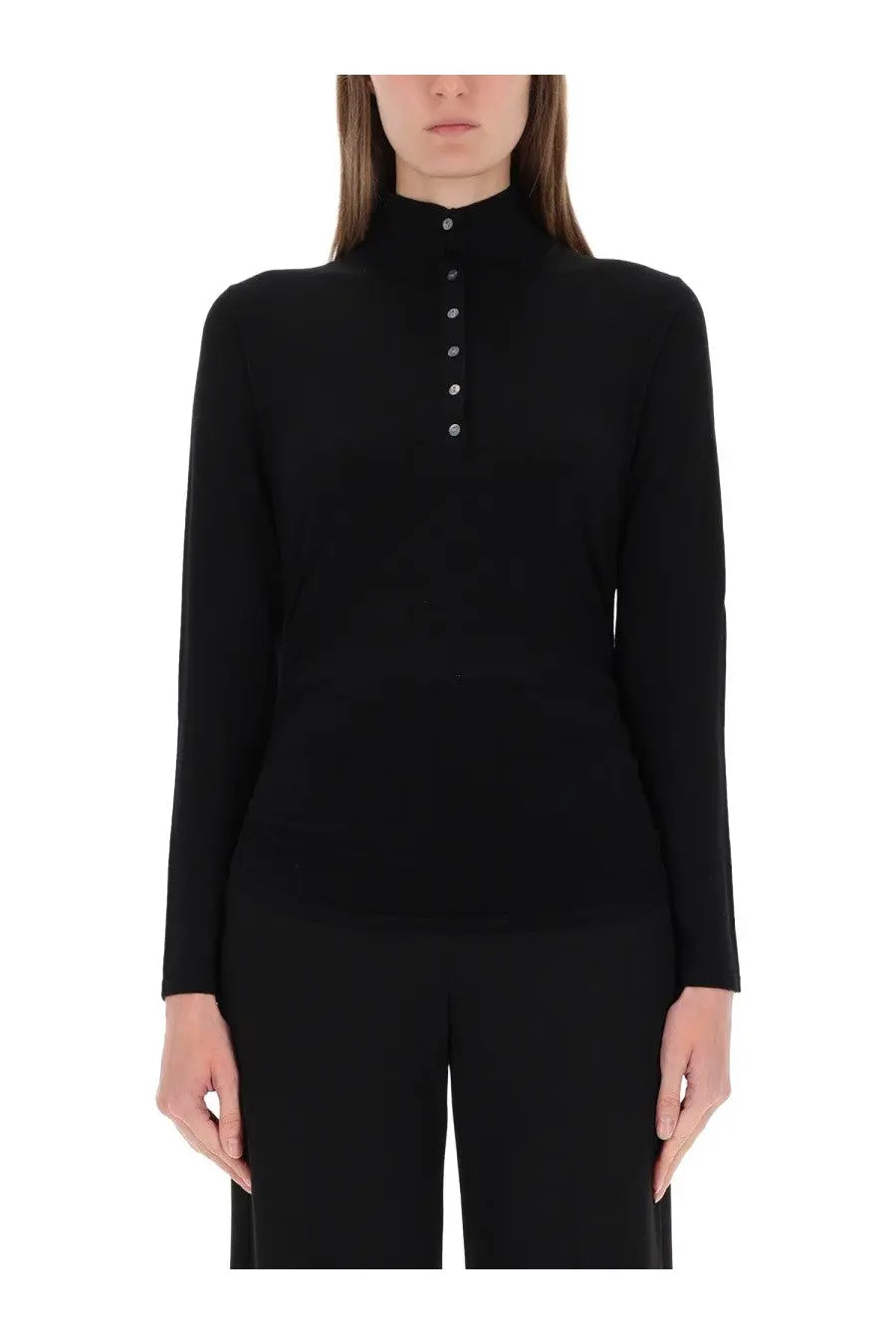 Theory women’s black jersey henley long-sleeved turtleneck top with silver buttons down the front