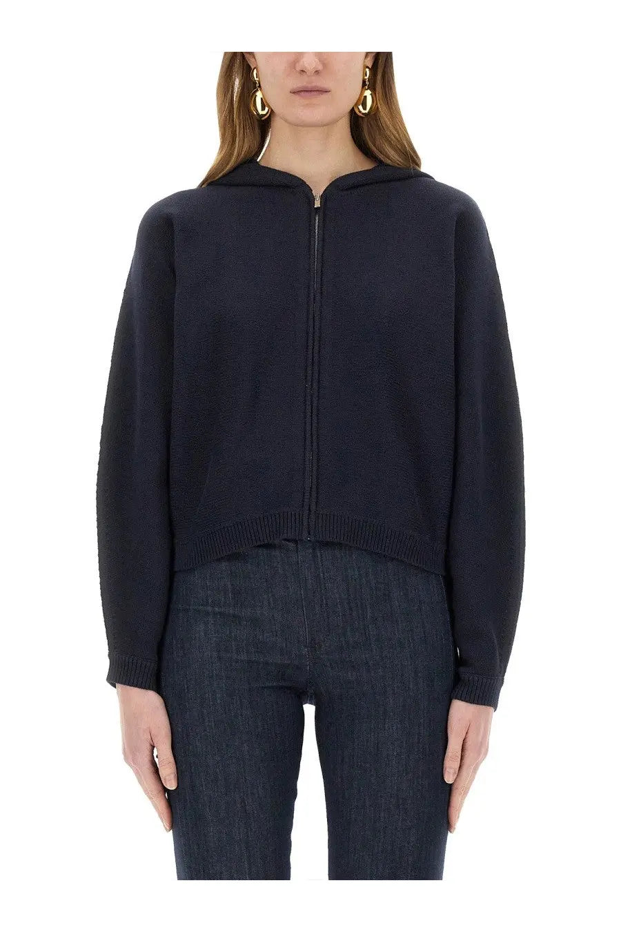 Theory women’s navy blue knit sweatshirt with zip-up hood made from soft knit fabric for casual wear