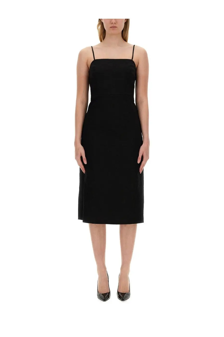Theory women’s black midi dress with thin spaghetti straps and a straight-cut silhouette in sleeveless design