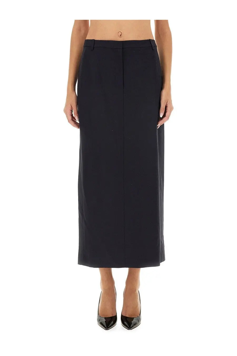 Theory women’s blue midi skirt with straight cut and sleek minimalist design perfect for office wear