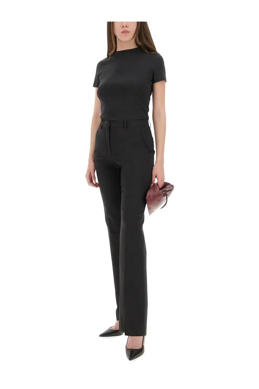 Black tailored trousers with straight-leg cut and belt loops styled with theory women’s pima cotton shirt black