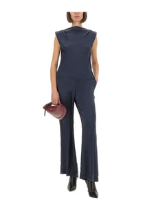 Navy blue sleeveless satin top with draped collar and tailored fit paired with theory women’s satin pants blue