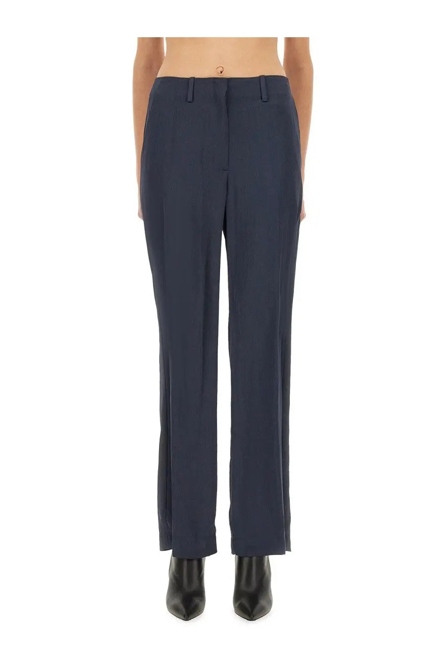 Theory women’s satin pants in navy blue with tailored straight-leg cut and subtle side slits for a polished look