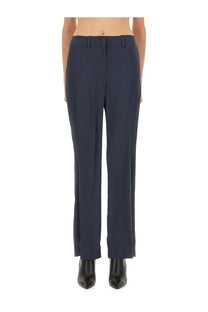 Theory women’s satin pants in navy blue with tailored straight-leg cut and subtle side slits for a polished look