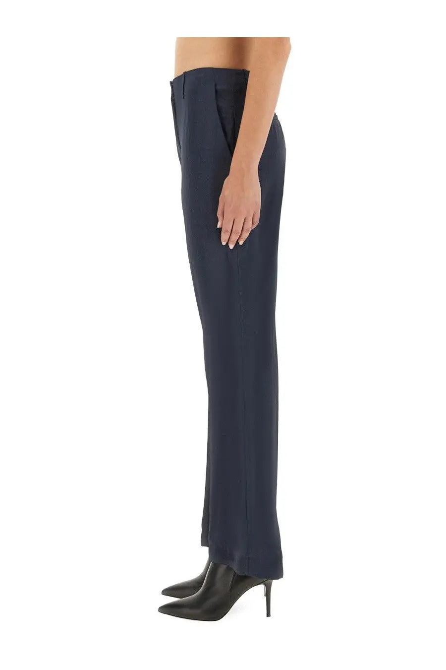 Theory women’s satin pants in navy blue with tailored straight-leg cut and subtle pleats at the waistband