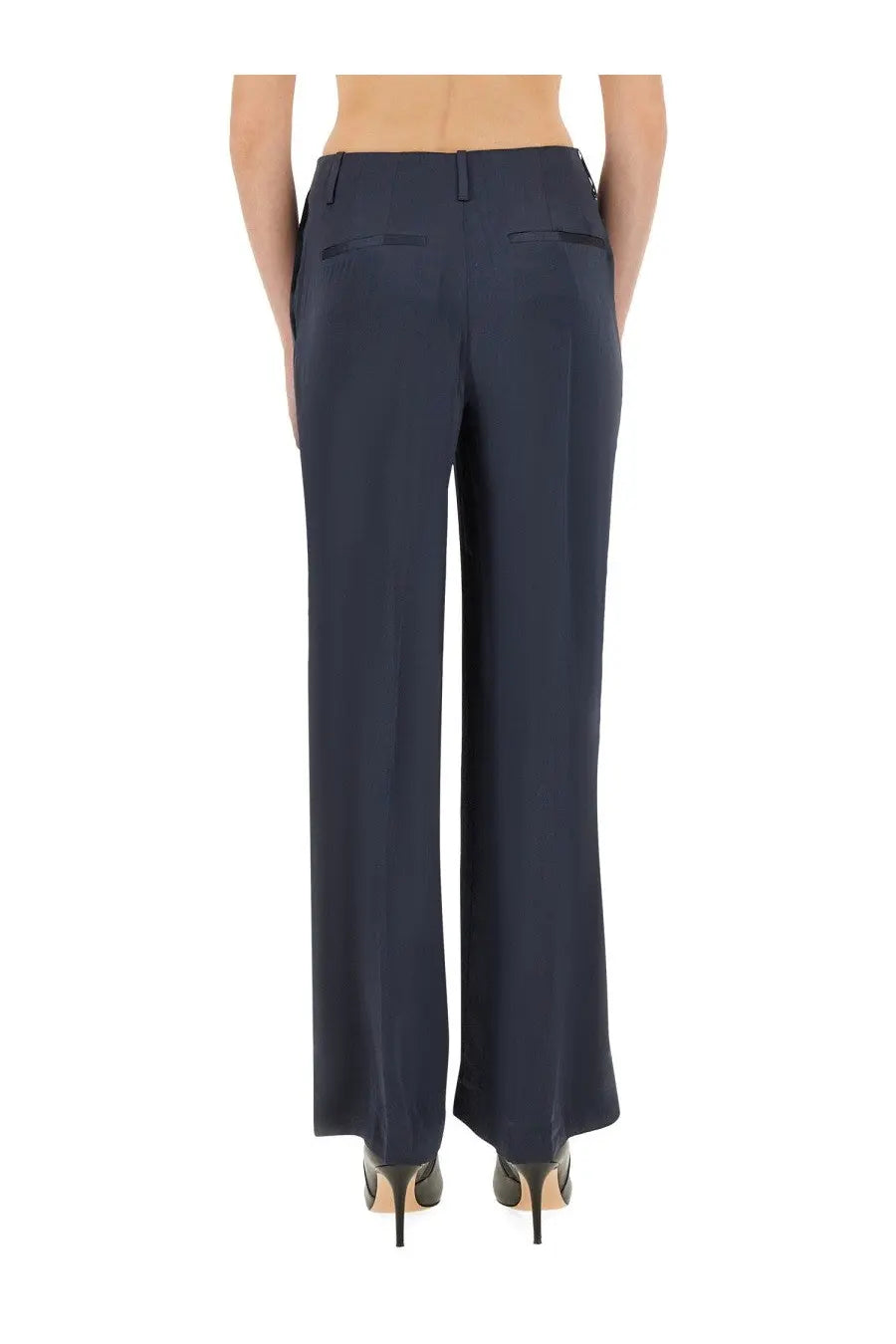 Theory women’s satin pants in navy blue with wide-leg tailored fit and subtle front pockets