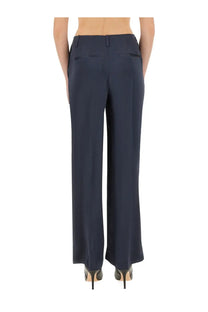 Theory women’s satin pants in navy blue with wide-leg tailored fit and subtle front pockets