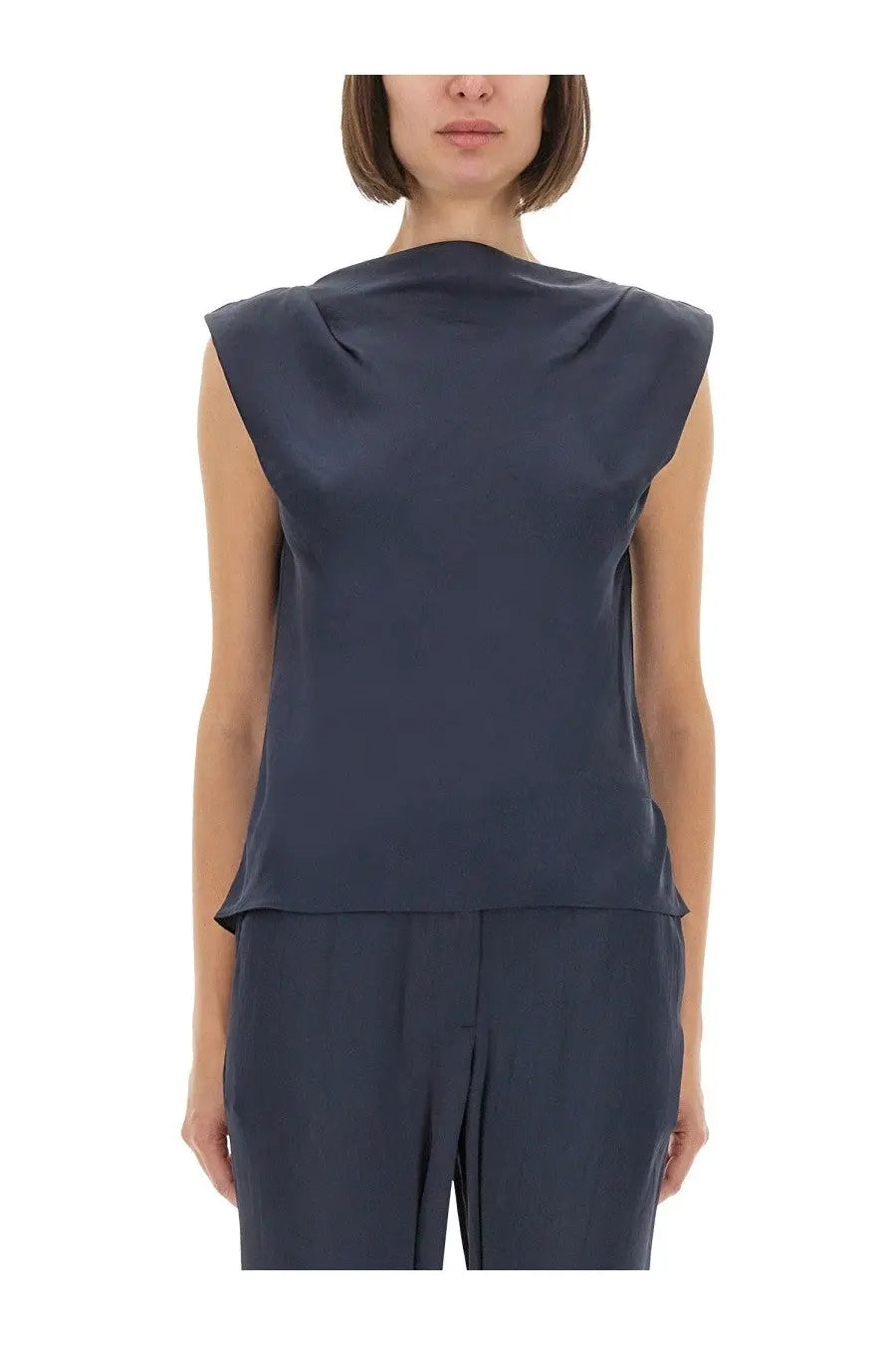 Theory women’s satin navy blue sleeveless top with draped neckline and subtle side pleats