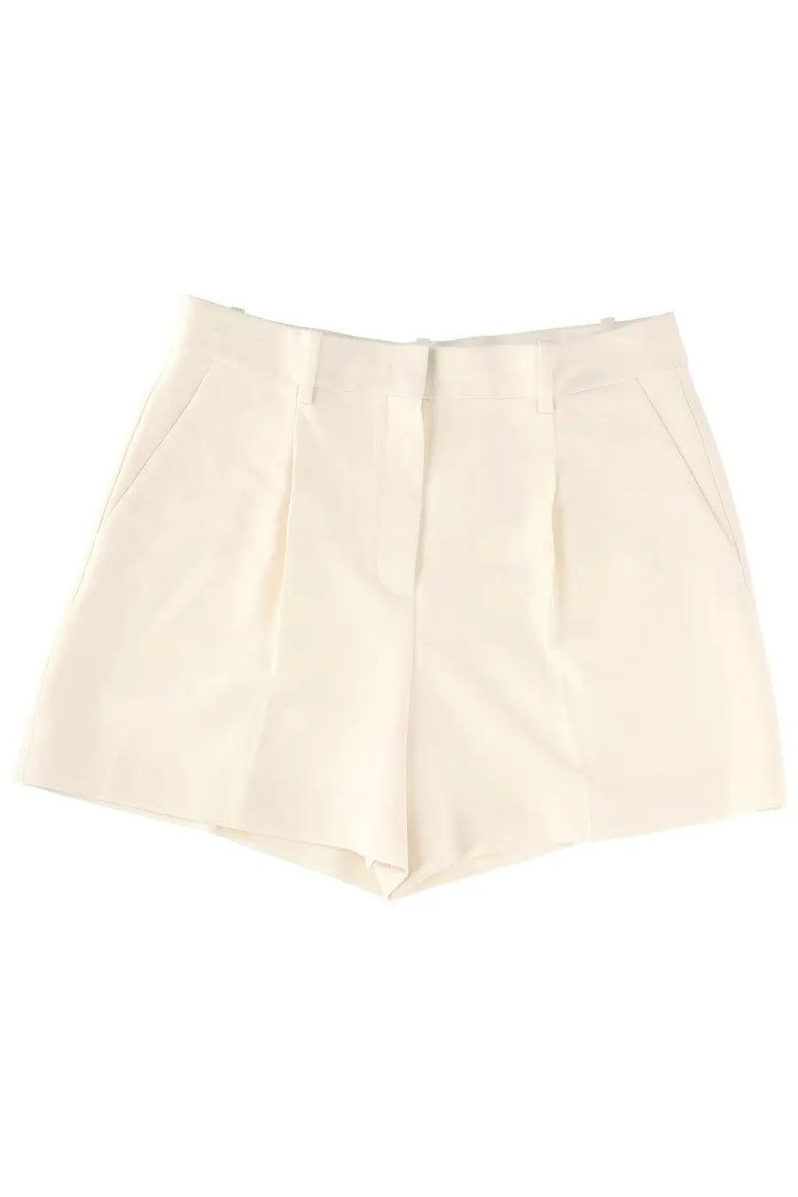 Theory women’s cream-colored tailored shorts with structured waistband and pleated front in fluid white fabric
