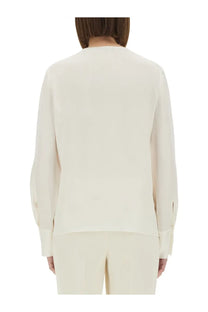 Theory women’s cream-colored silk georgette blouse with long sleeves and rounded neckline in white color