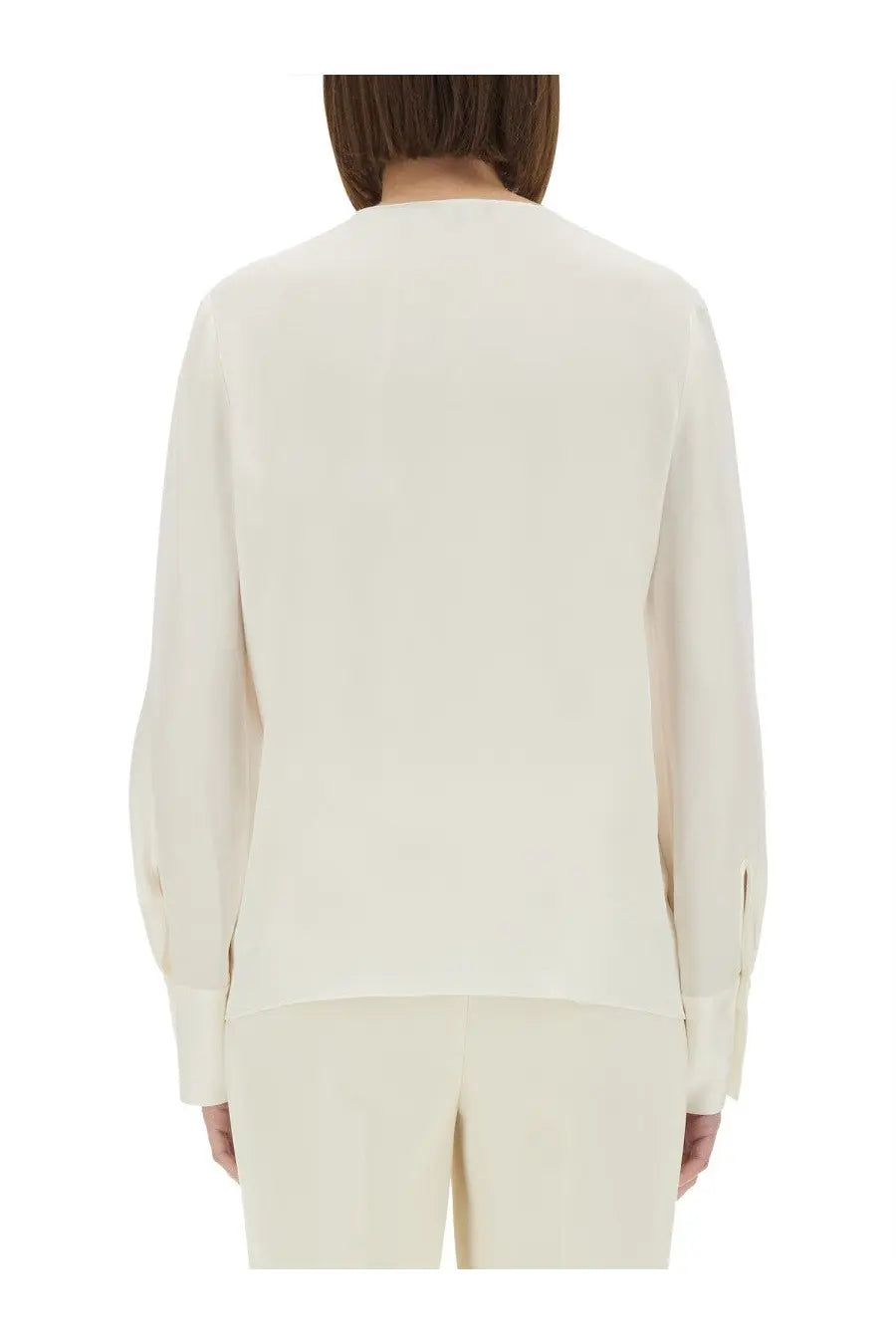 Theory women’s cream-colored silk georgette blouse with long sleeves and rounded neckline in white
