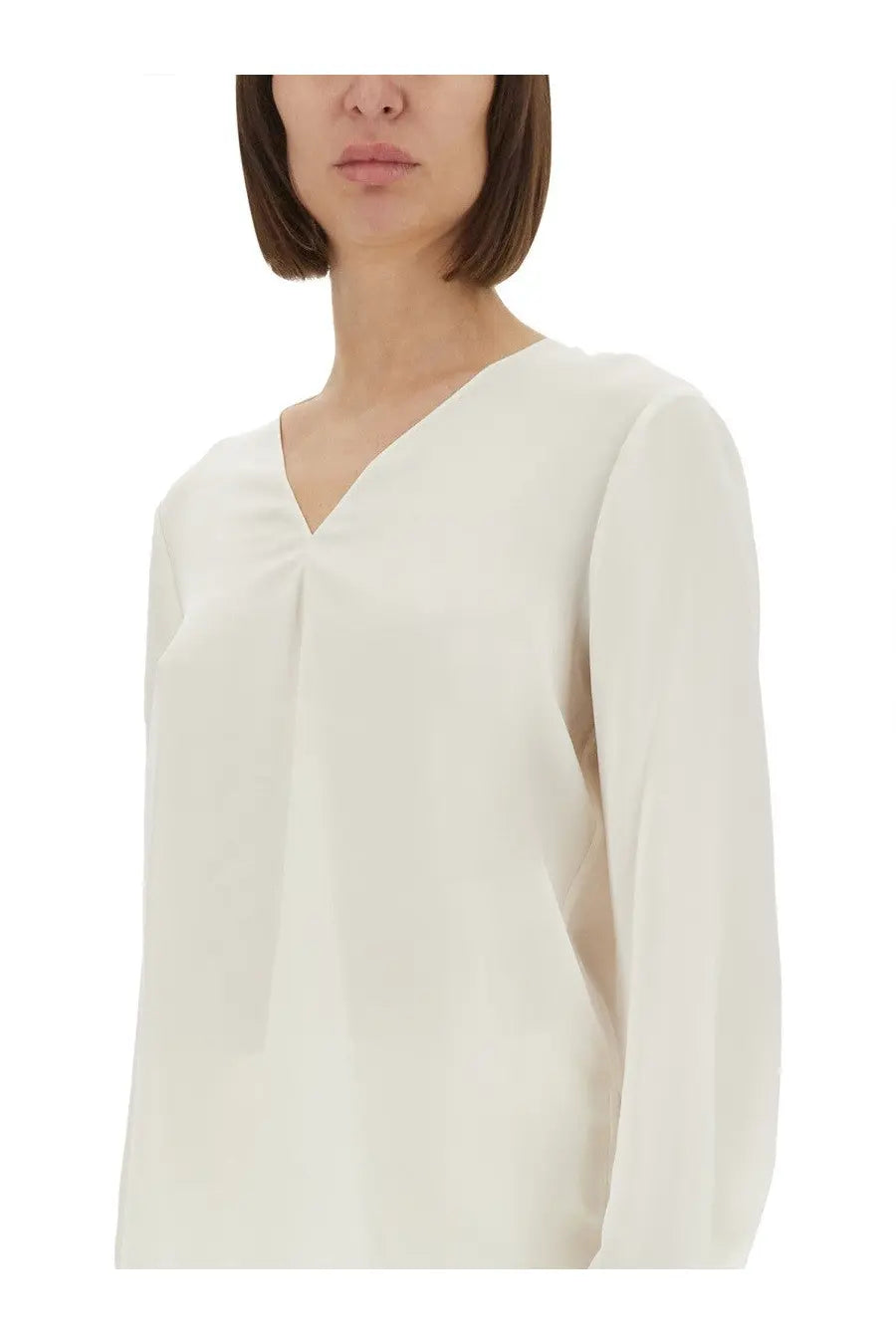 Theory women’s silk georgette blouse in soft off-white with v-neckline and long sleeves