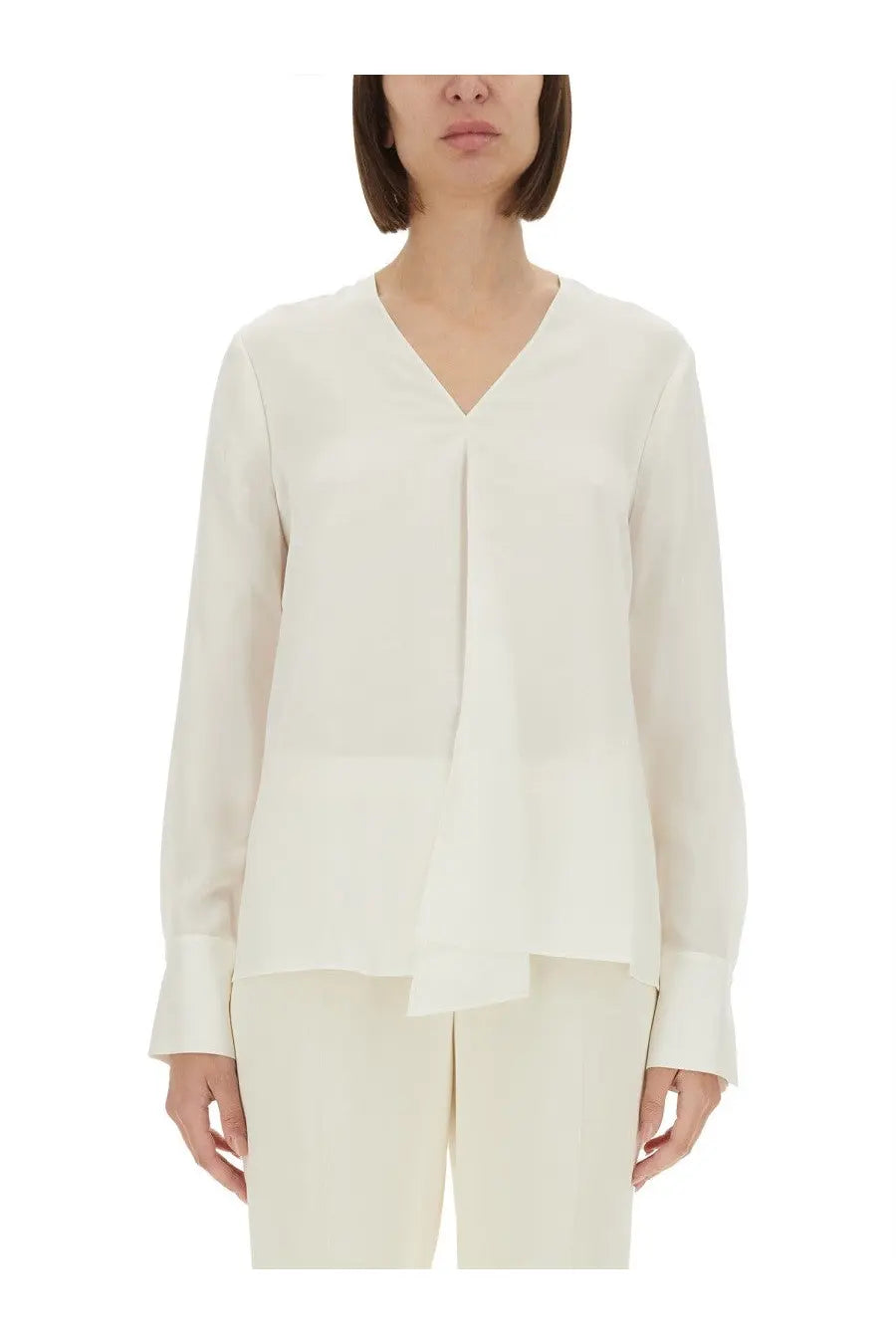Theory women’s silk georgette blouse white in soft off-white with v-neckline and long sleeves