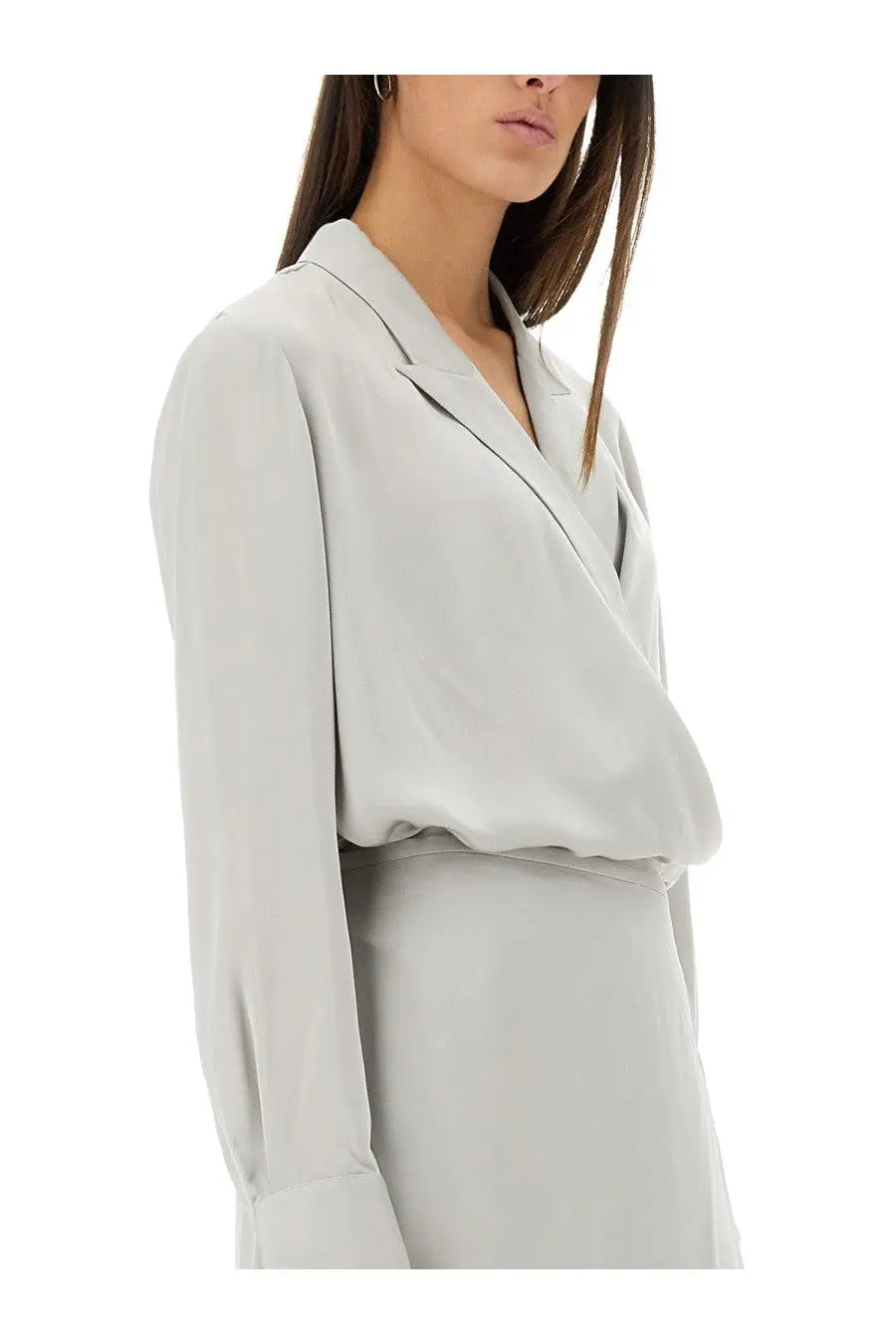 Theory women’s light gray silk blazer with draped asymmetrical neckline and long sleeves