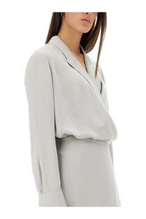 Theory women’s light gray silk blazer with draped asymmetrical neckline and long sleeves