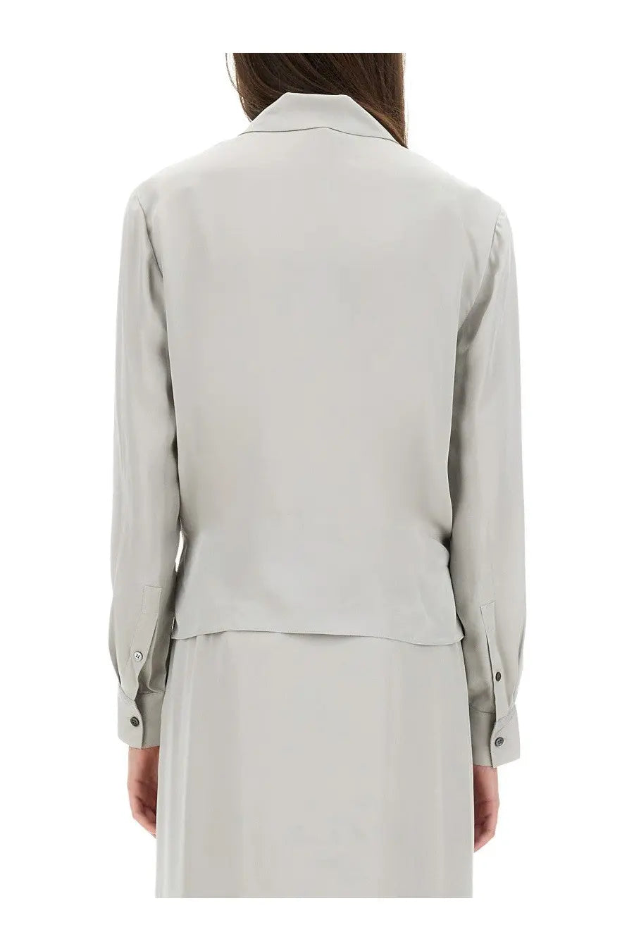 Theory women’s silk shirt grey featuring a sleek light gray silk blouse with classic collar and buttoned cuffs