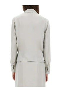 Theory women’s silk shirt grey featuring a sleek light gray silk blouse with classic collar and buttoned cuffs