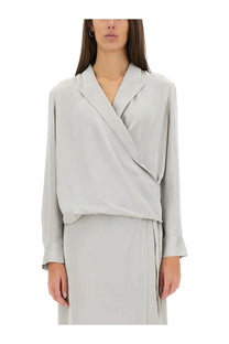 Theory women’s silk shirt grey featuring a sleek light gray satin blouse with draped wrap design and long sleeves