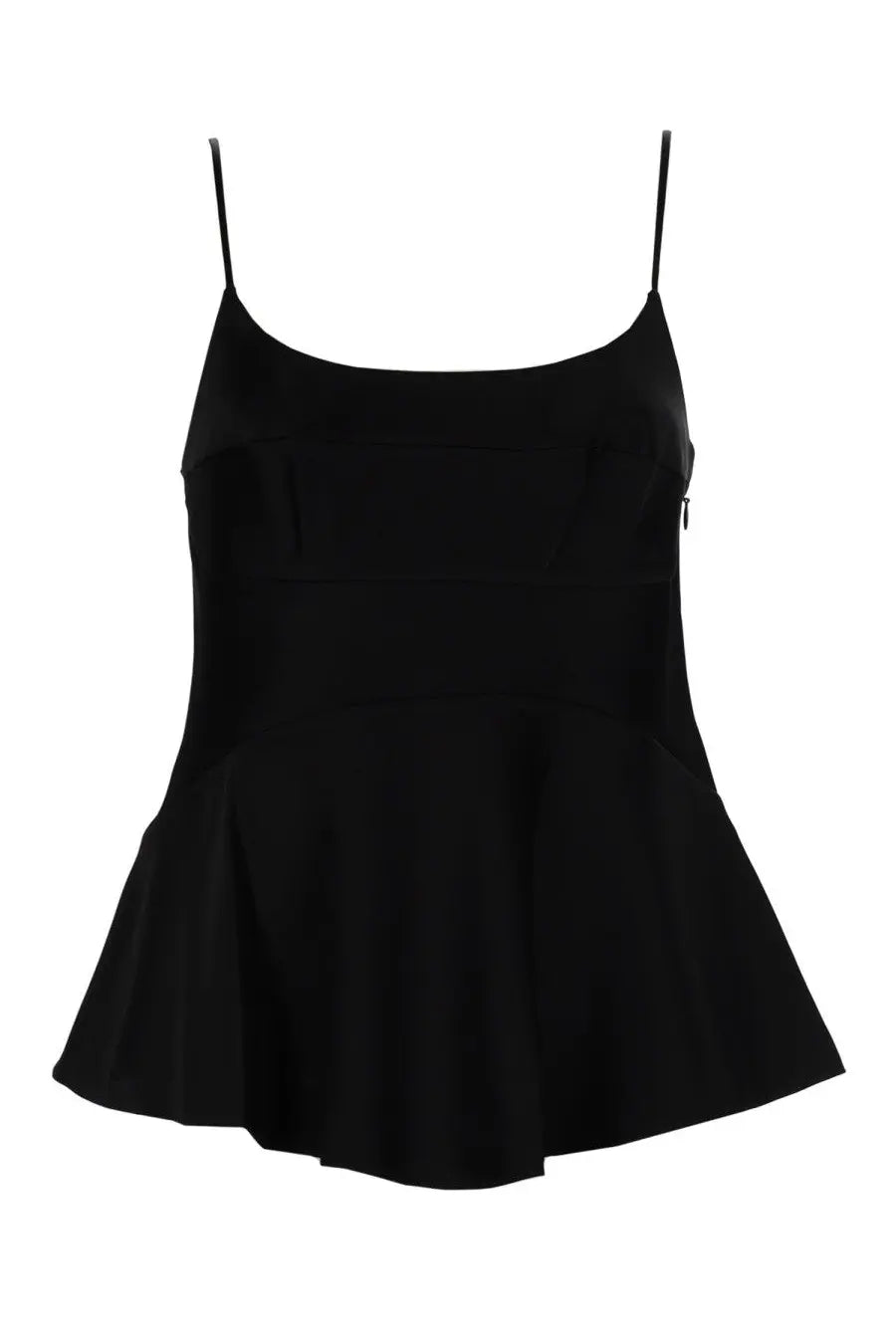 Theory women’s black satin camisole with thin spaghetti straps and a flared peplum hem