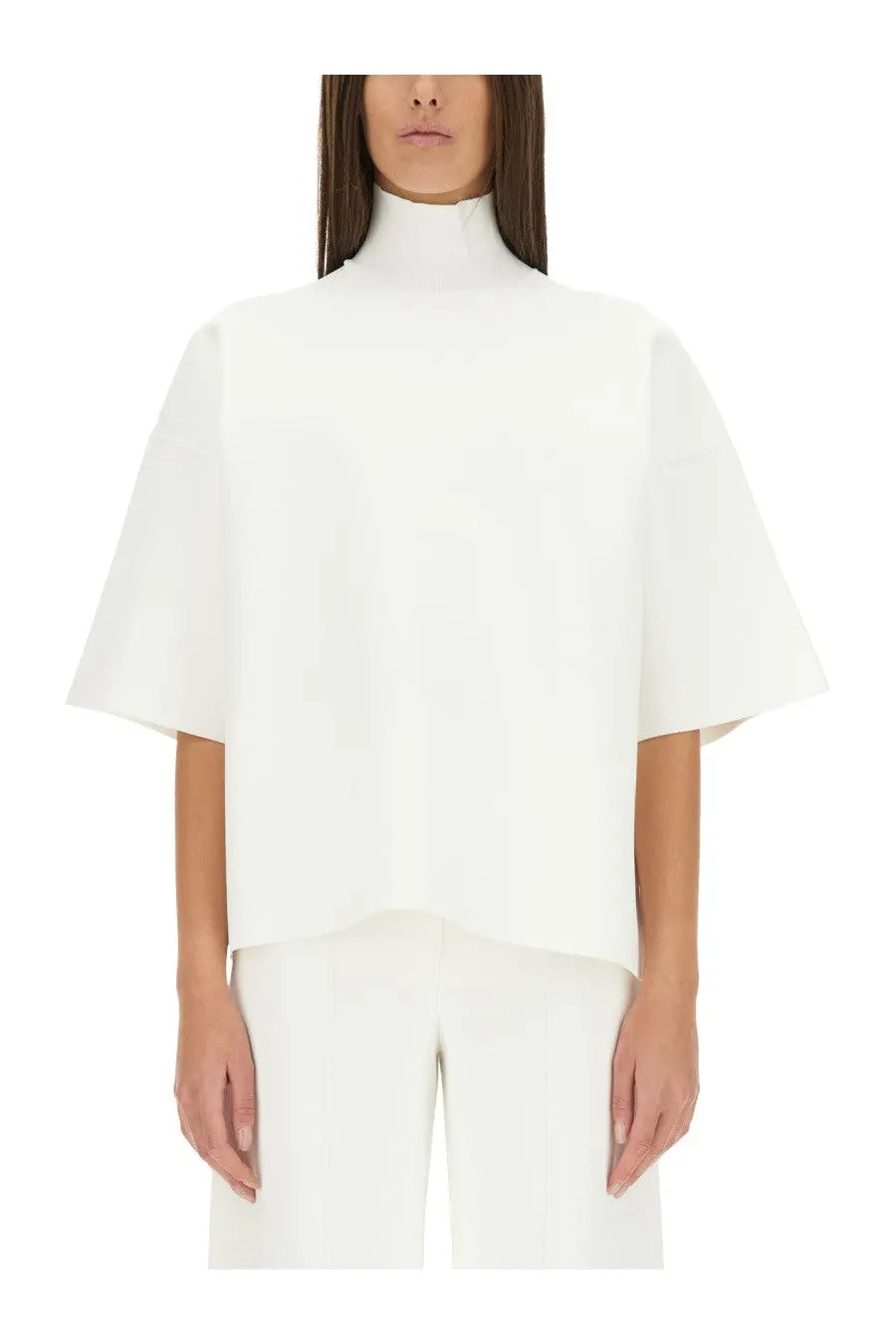 Theory women’s white turtleneck top with short wide sleeves and relaxed fit perfect for casual wear
