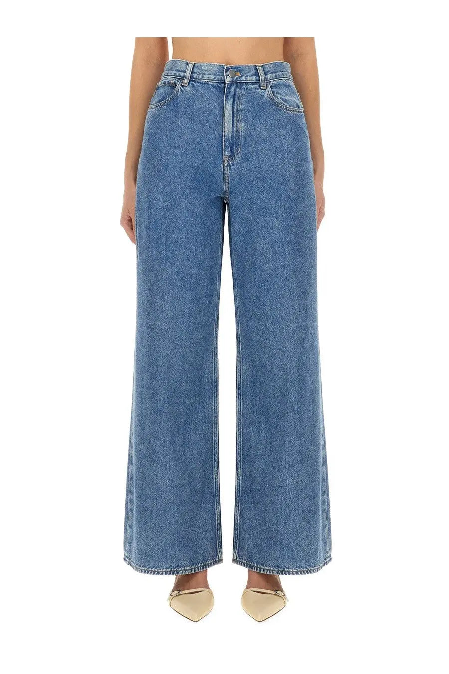 Theory women’s high-waisted blue denim wide-leg jeans with classic stitching and a relaxed fit