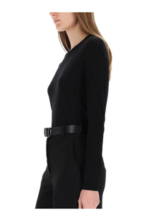 Theory women’s black wool jersey long-sleeved dress with fitted waist and matching belt
