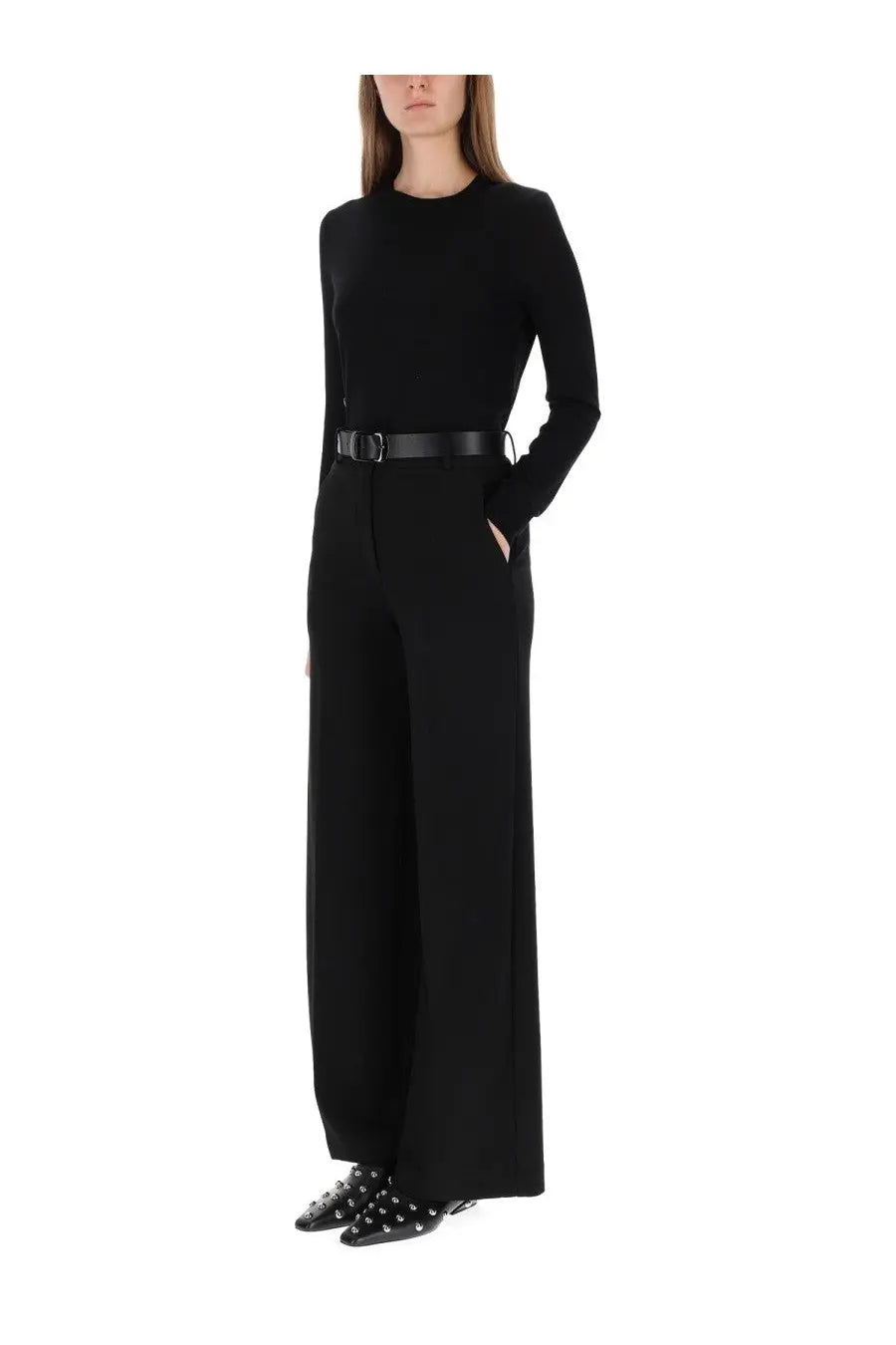 Theory women’s wool jersey black long-sleeved jumpsuit with high-waisted wide-leg design and matching belt