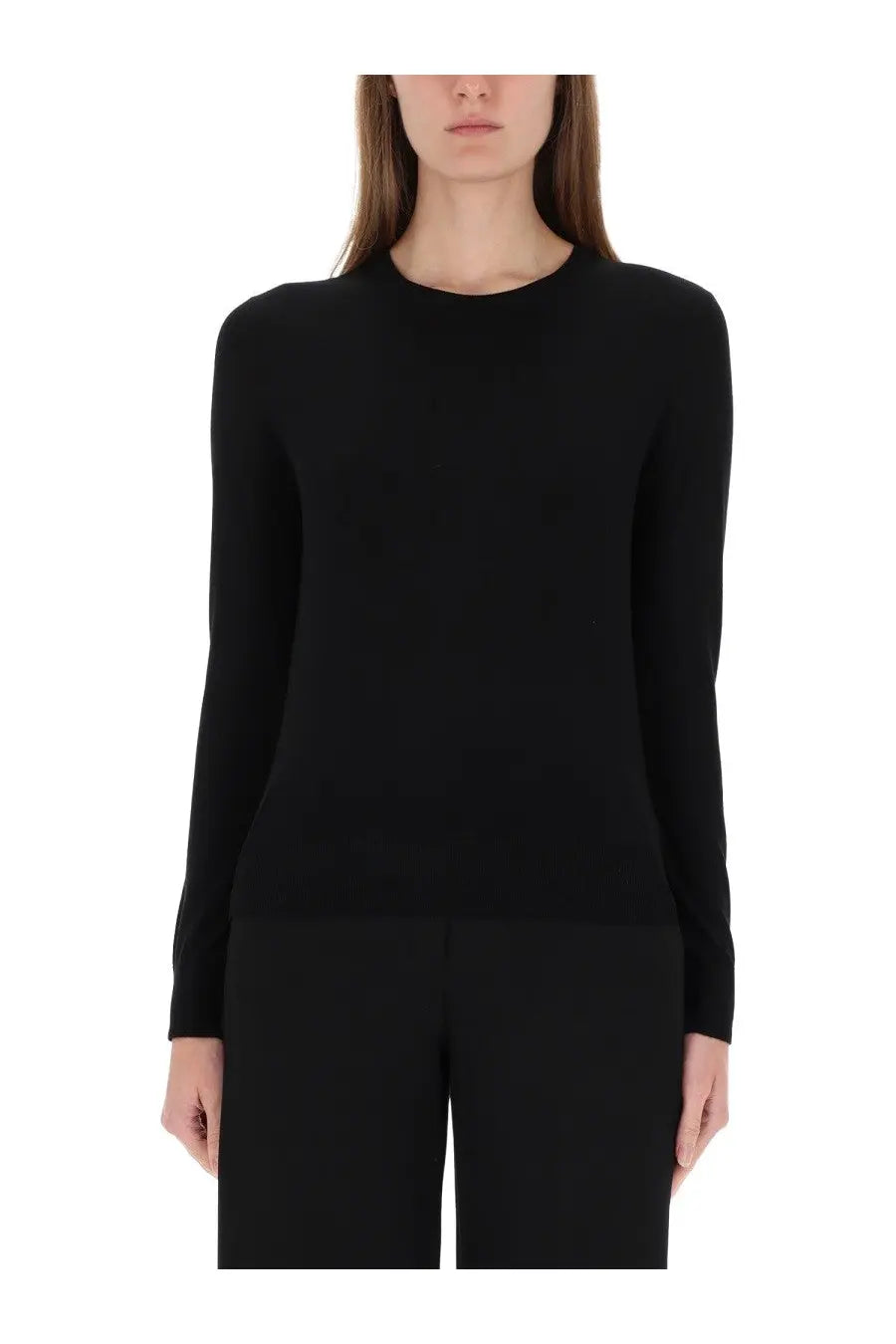 Theory women’s black wool jersey long-sleeved knit top with a round neckline