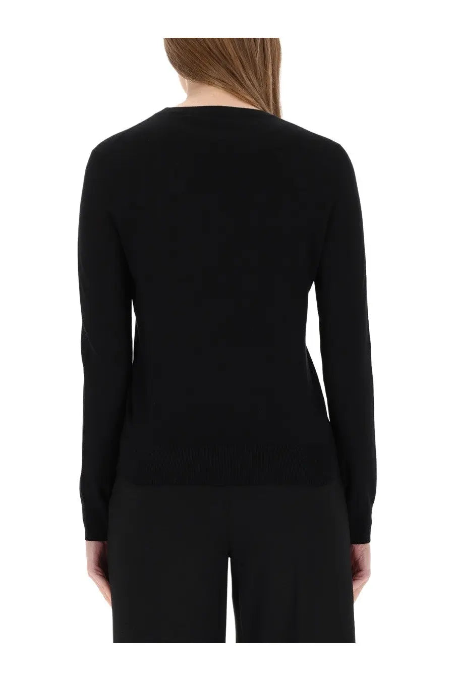 Theory women’s black wool jersey long-sleeved knit top with round neckline shown from the front