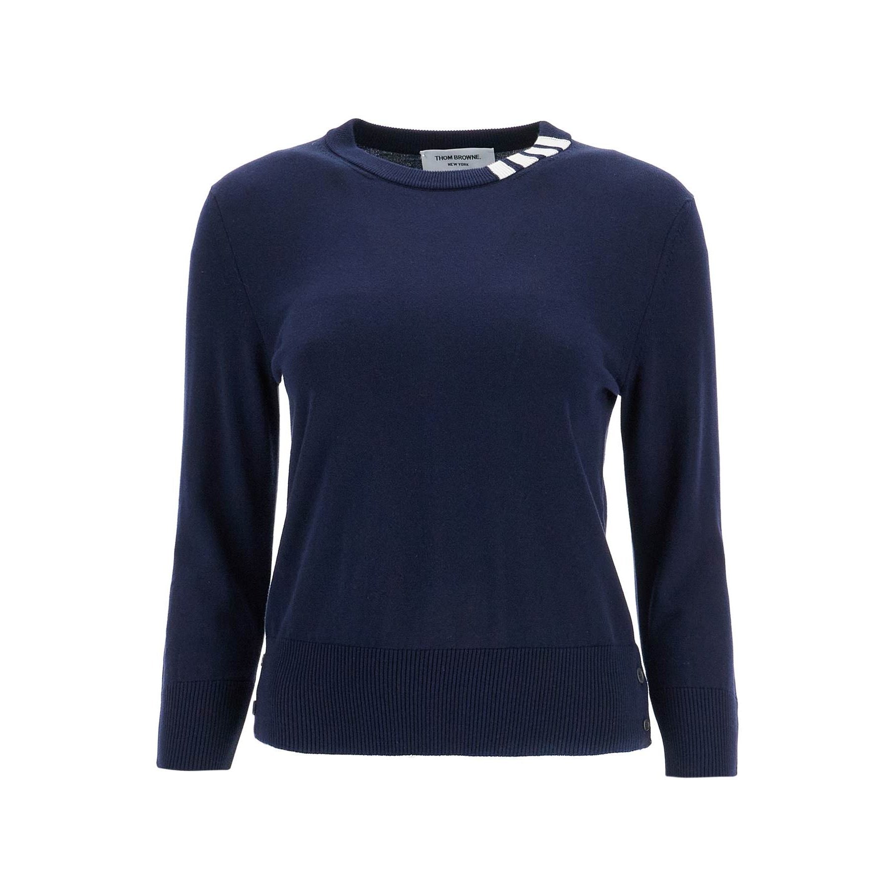 Thom Browne - Thom Browne navy blue cotton sweatshirt with 4 stripes crew neck - Knitwear