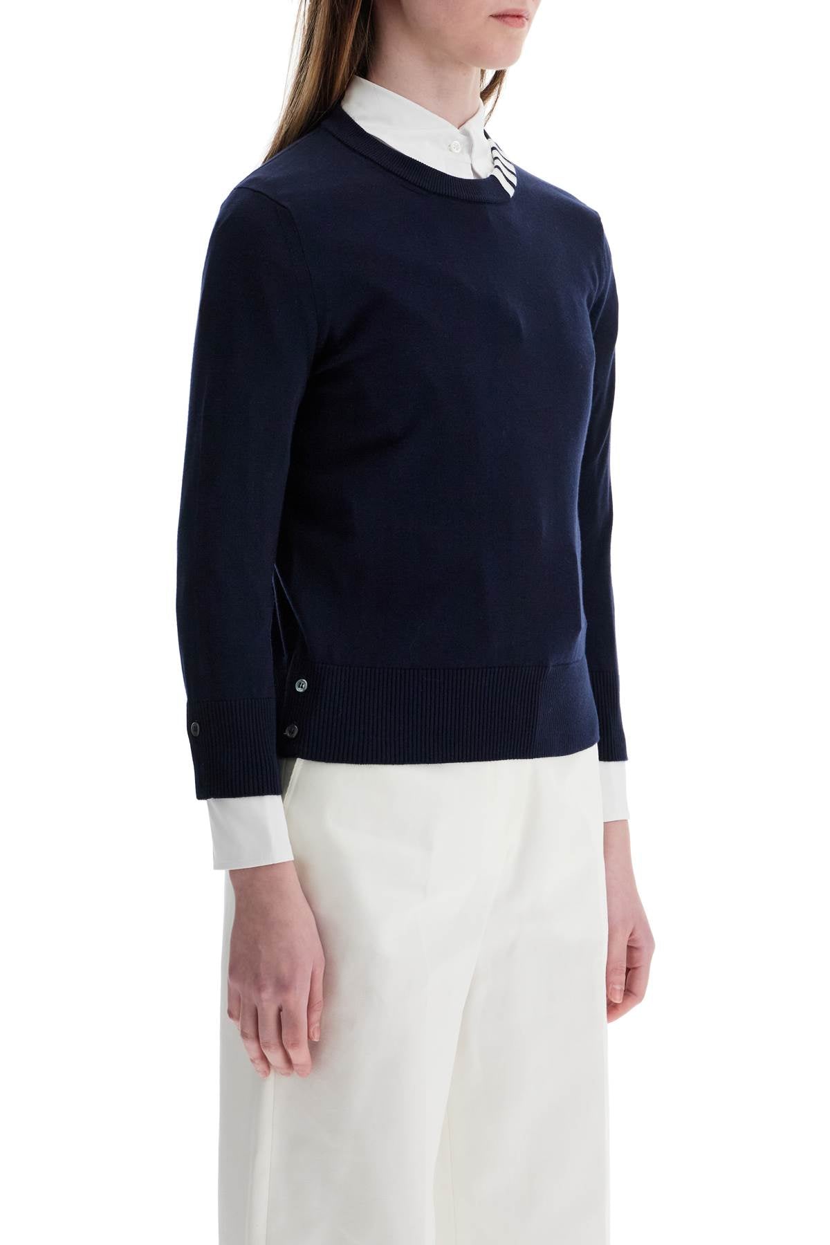 Thom Browne - Thom Browne navy blue cotton sweatshirt with 4 stripes crew neck - Knitwear