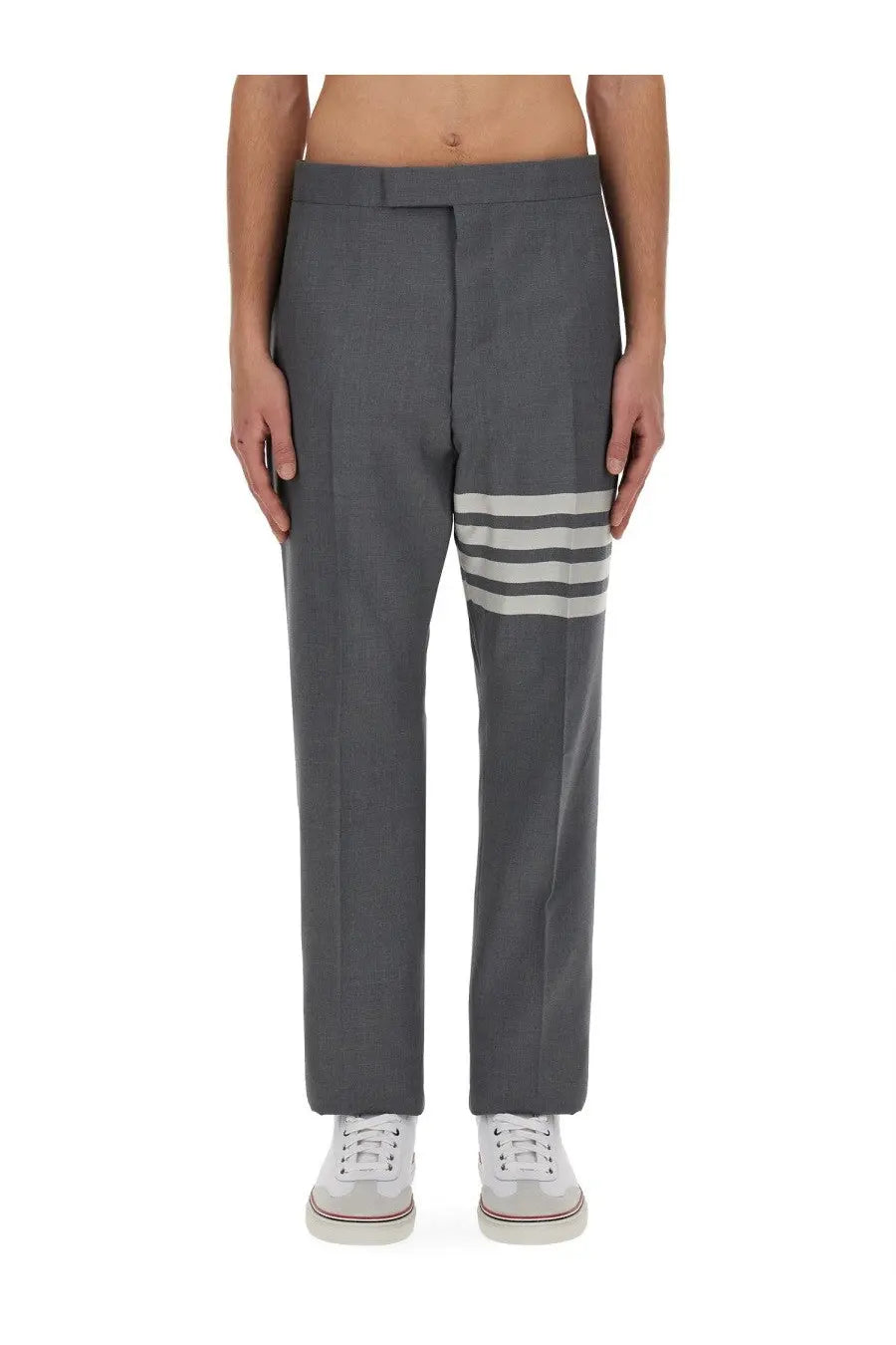 Thom Browne men’s classic gray wool trousers with three white horizontal stripes on the lower leg