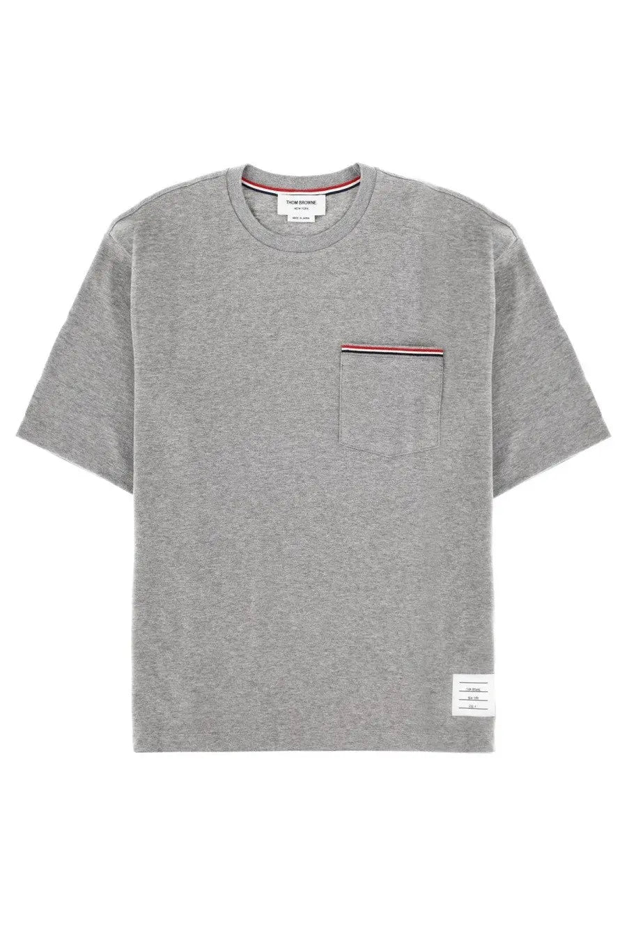 Thom browne men’s milan gray heathered cotton t-shirt with chest pocket accented by red white and blue stripes