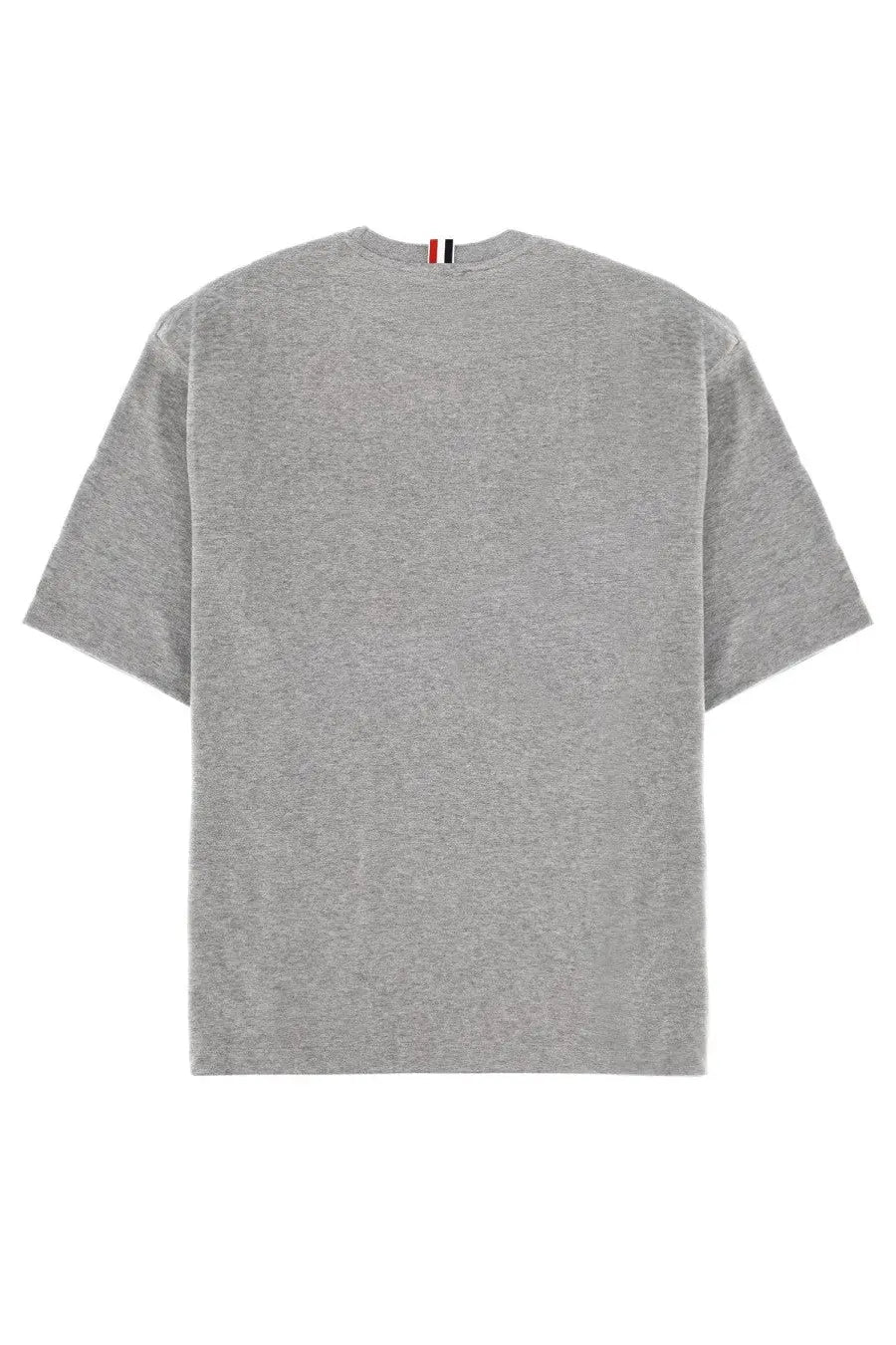 Thom browne men’s milan shirt grey is a gray heathered cotton t-shirt with a crew neck and striped tag at neckline