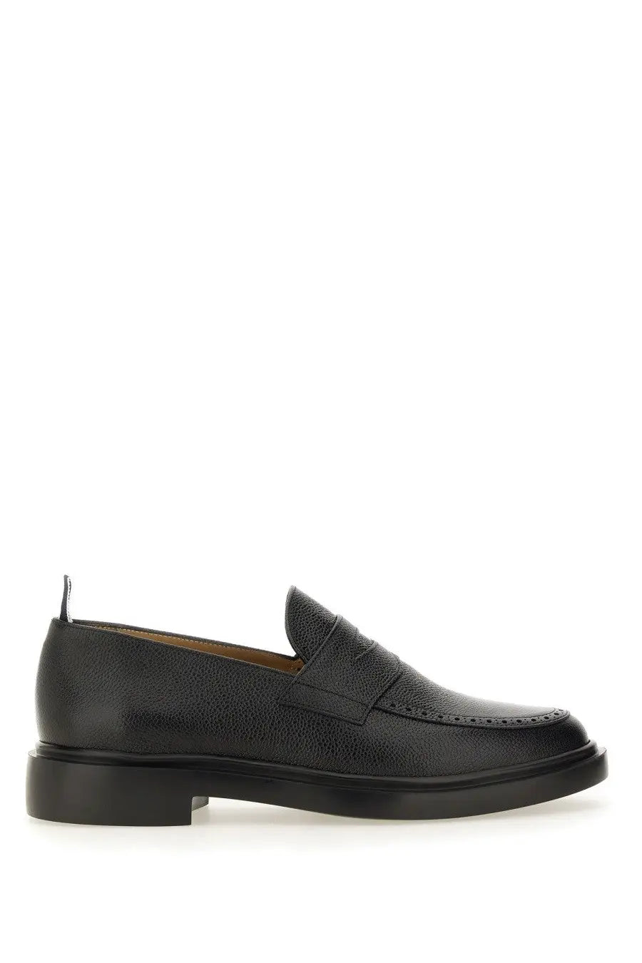 Thom Browne men’s moccasin penny black leather loafer with textured surface and subtle brogue detailing on toe