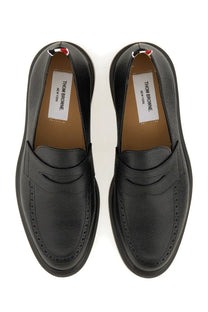 Thom Browne men’s moccasin penny black leather loafers with textured surface and classic brogue detailing